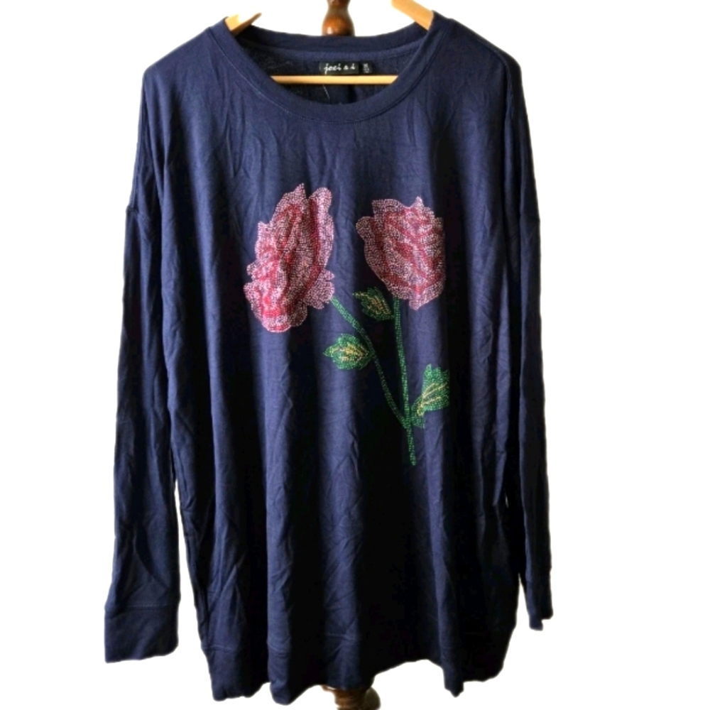 Joei & i Women's Navy Top Rhinestone Rose Flower Long Sleeve Lightweight SZ 2X